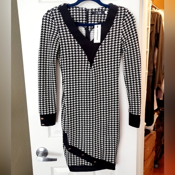 Vintage Houndstooth Knitted Dress Autumn Winter Crew Neck Long Sleeve Mini Bodycon Dress